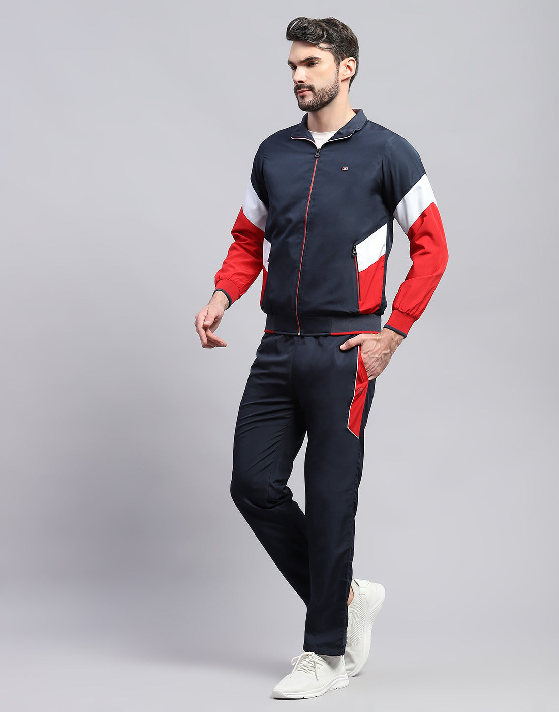 Men Navy Blue Solid Band Collar Full Sleeve Winter Tracksuit