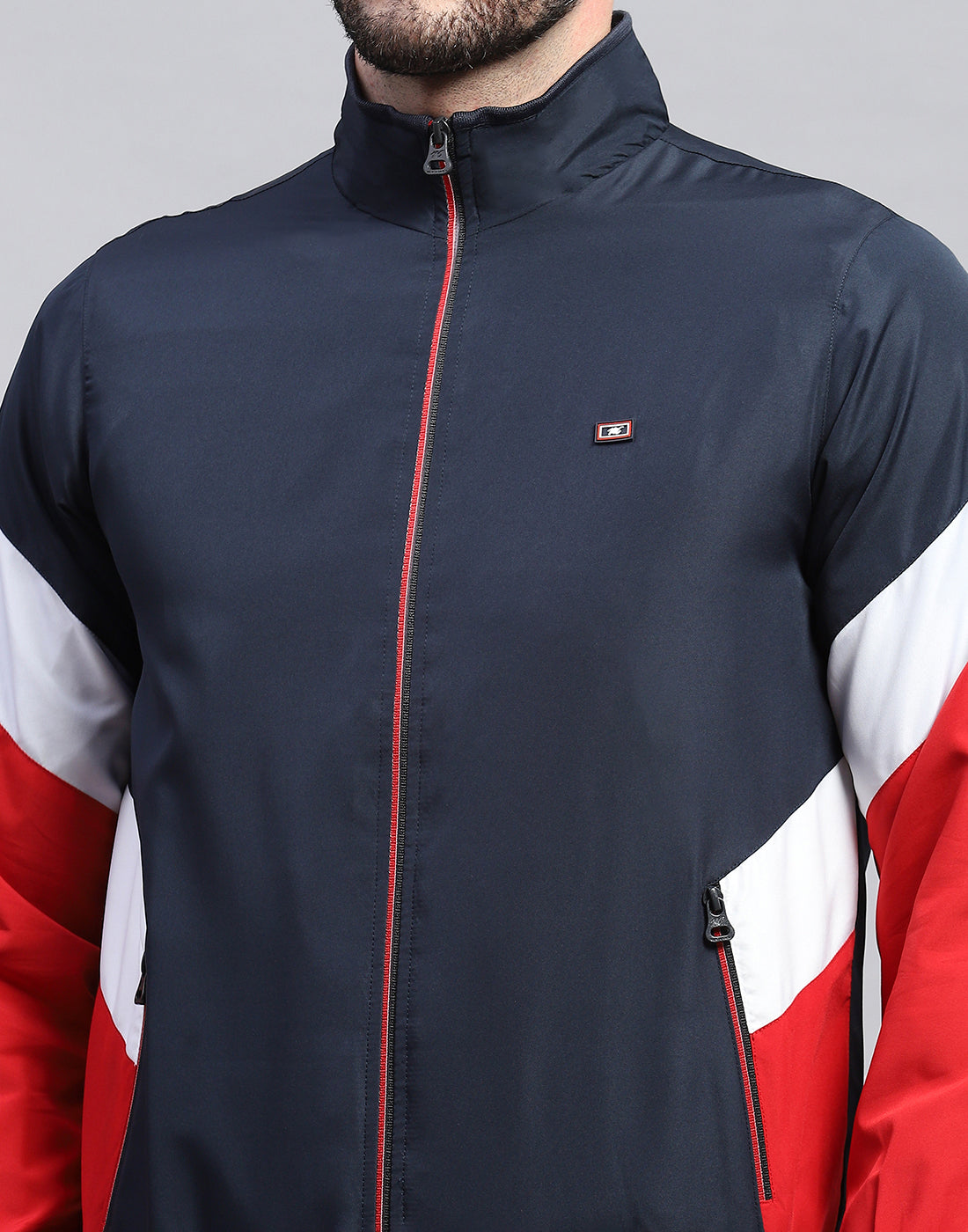 Men Navy Blue Solid Band Collar Full Sleeve Winter Tracksuit