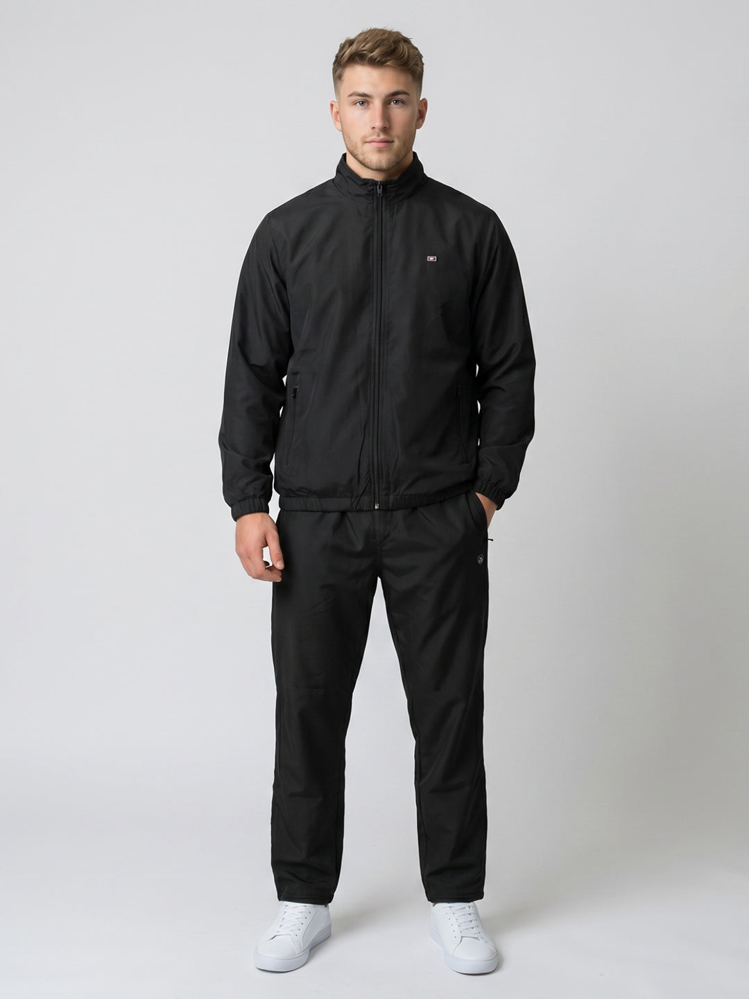 Men Black Solid Stand Collar Full Sleeve Tracksuit