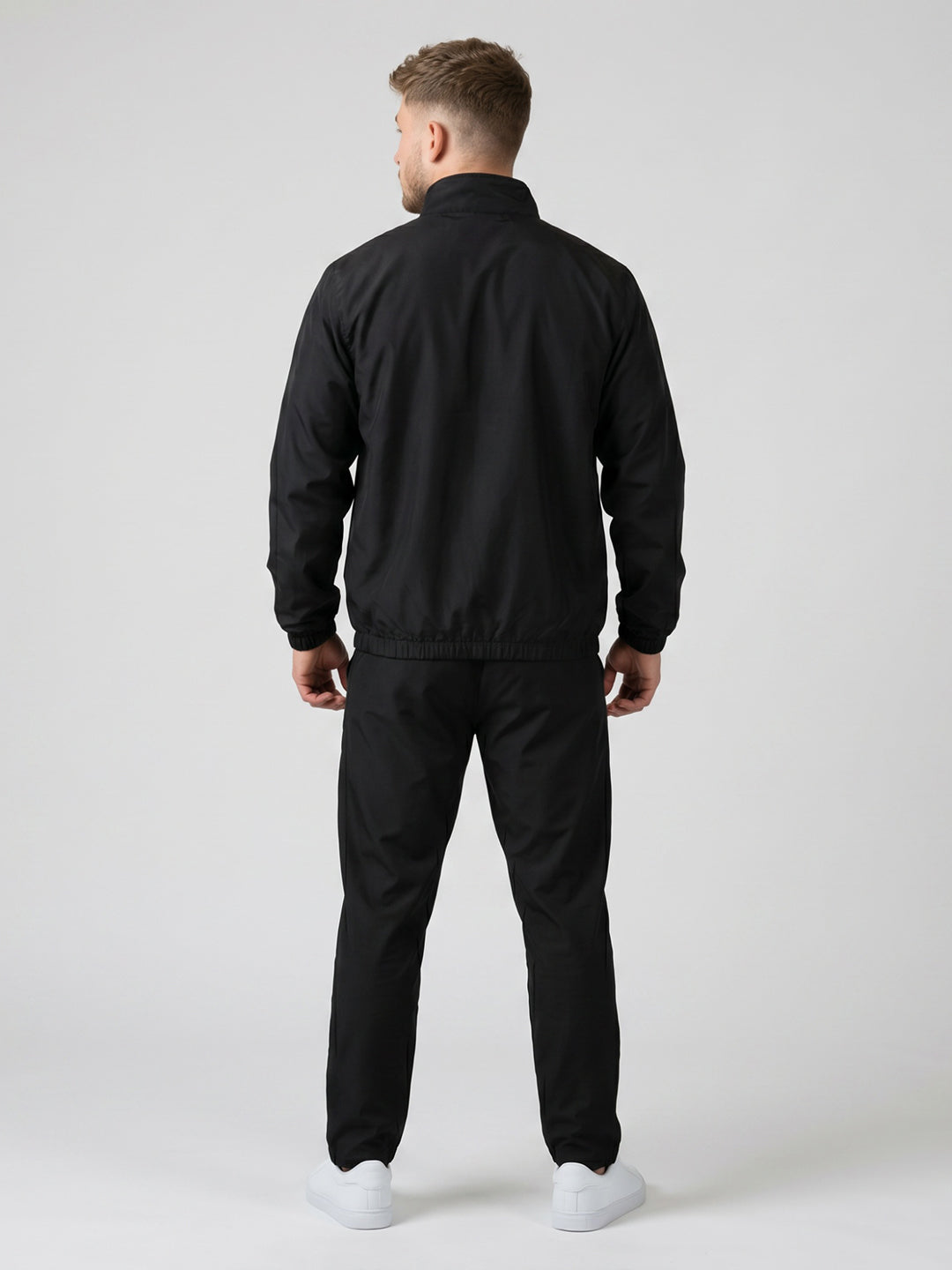 Men Black Solid Stand Collar Full Sleeve Tracksuit