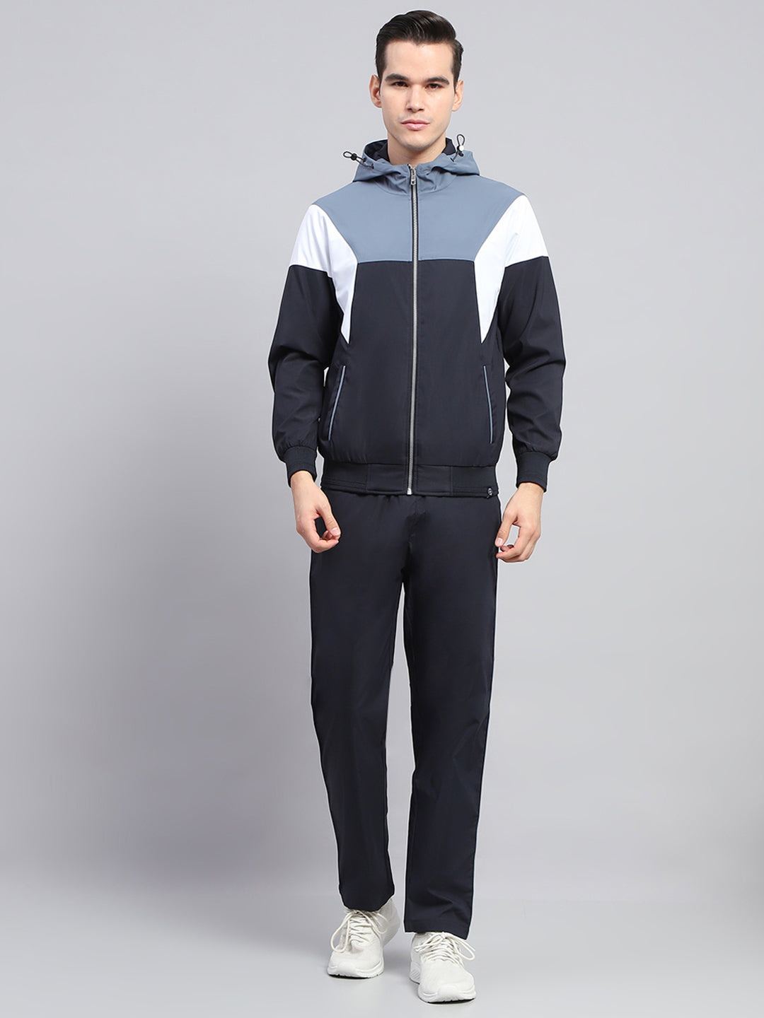 Men Navy Blue Solid Hooded Full Sleeve Winter Tracksuit