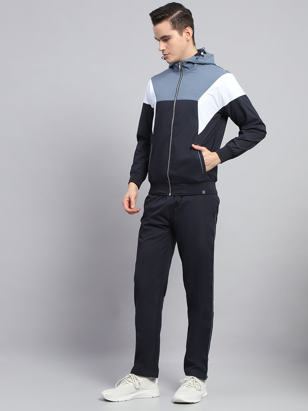 Men Navy Blue Solid Hooded Full Sleeve Winter Tracksuit