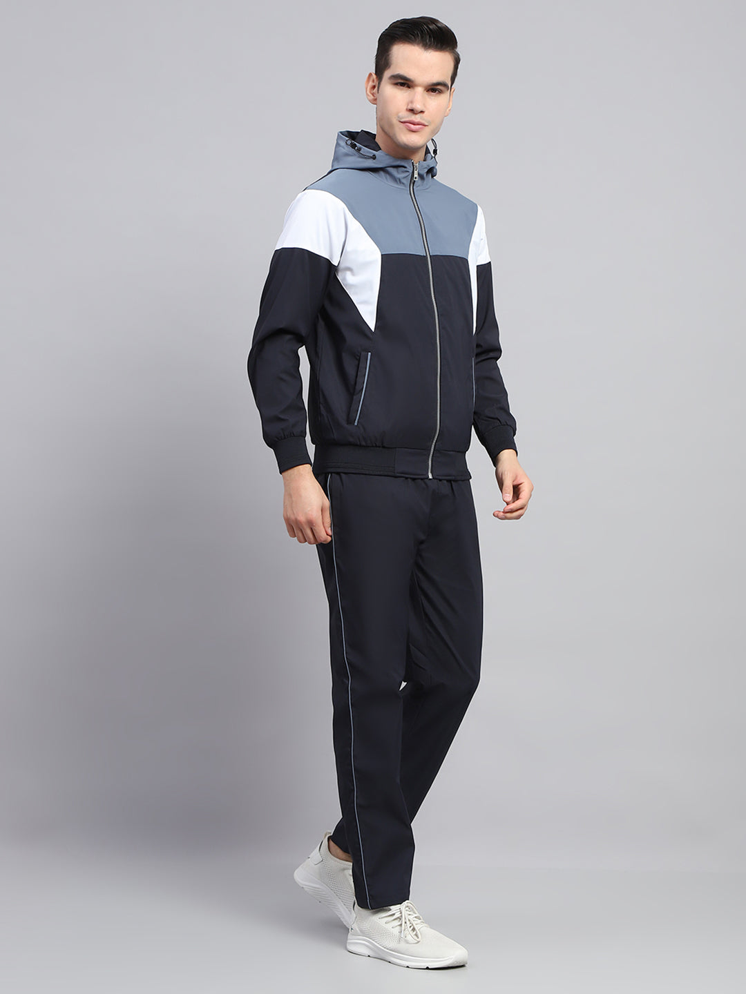 Men Navy Blue Solid Hooded Full Sleeve Winter Tracksuit