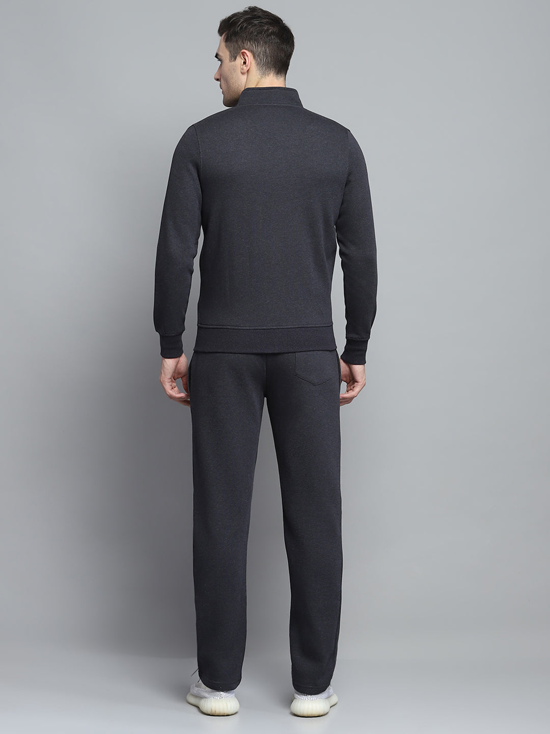 Men Grey Solid Collar Full Sleeve Winter Tracksuit