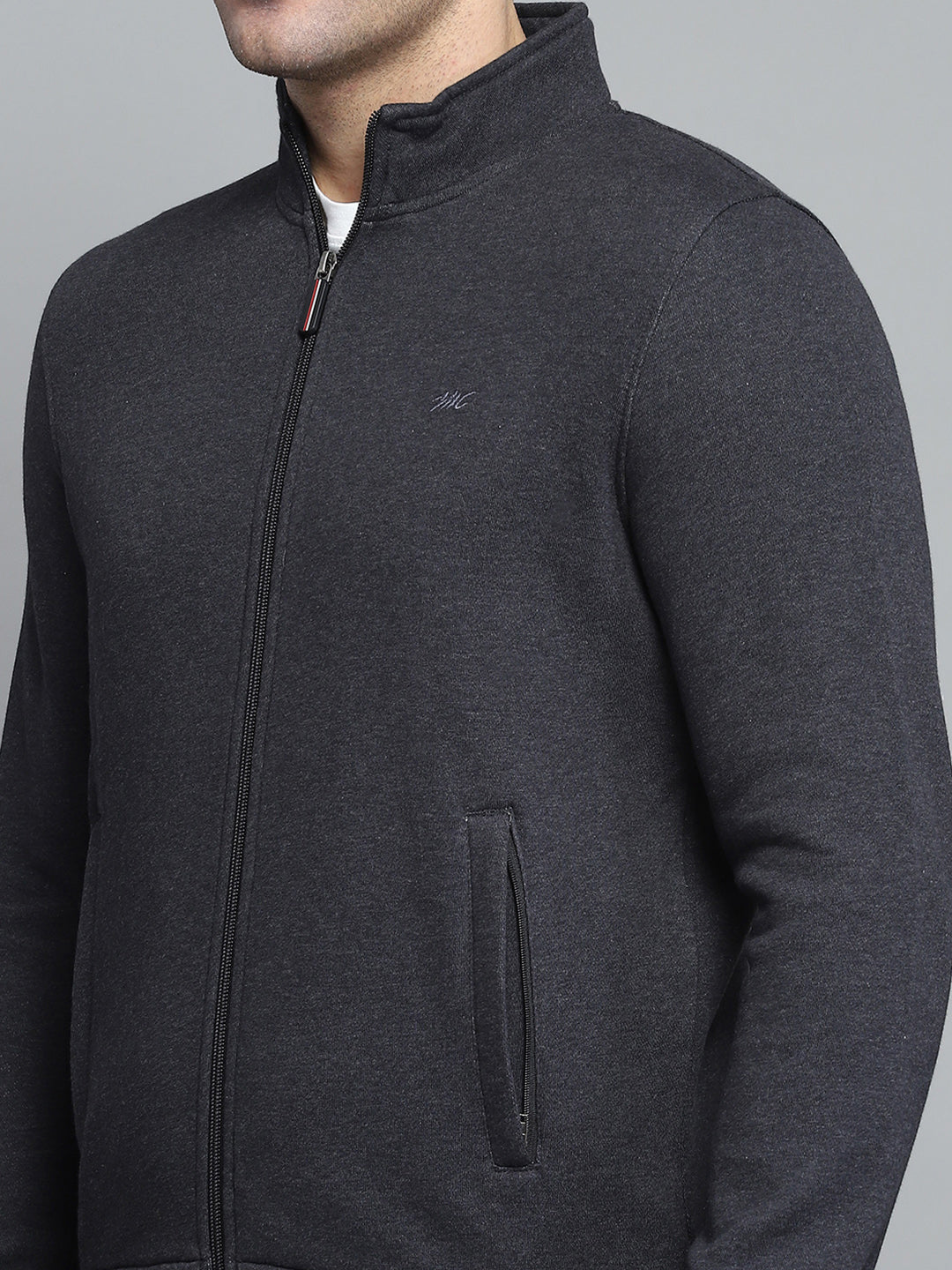 Men Grey Solid Collar Full Sleeve Winter Tracksuit