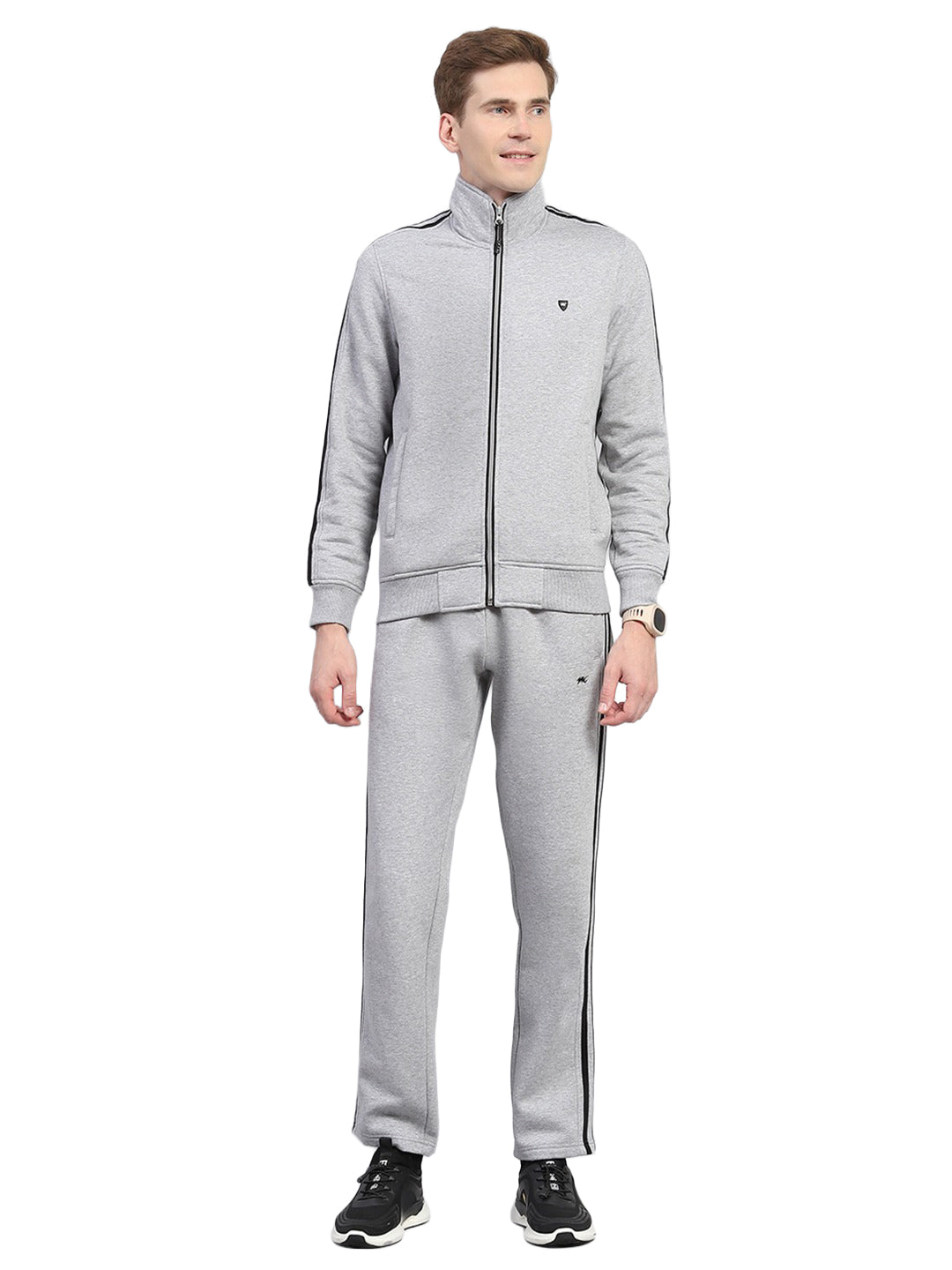 Men Grey Solid Mock Neck Full Sleeve Winter Tracksuit