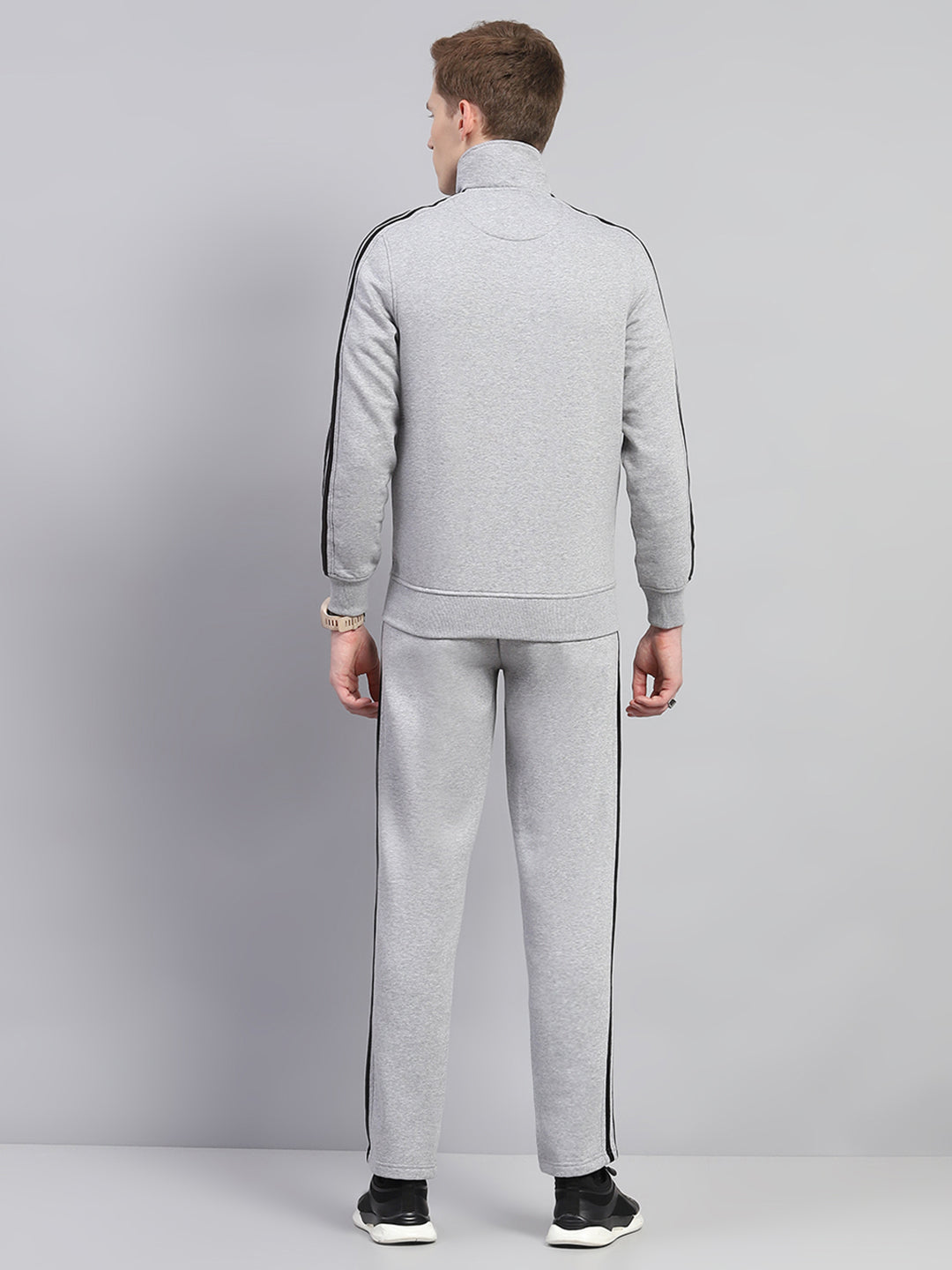 Men Grey Solid Mock Neck Full Sleeve Winter Tracksuit
