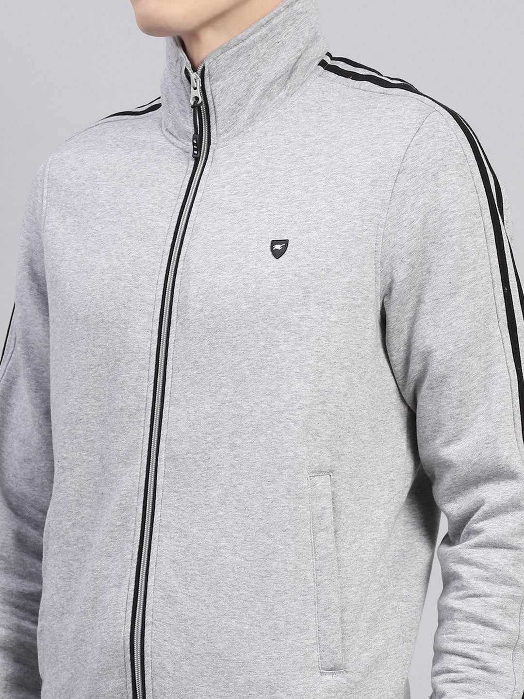 Men Grey Solid Mock Neck Full Sleeve Winter Tracksuit
