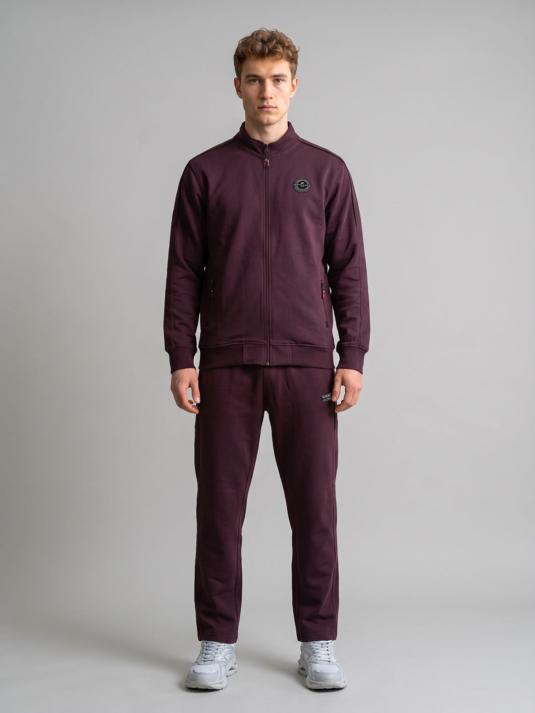 Men Maroon Solid Mandarin Collar Full Sleeve Winter Tracksuit