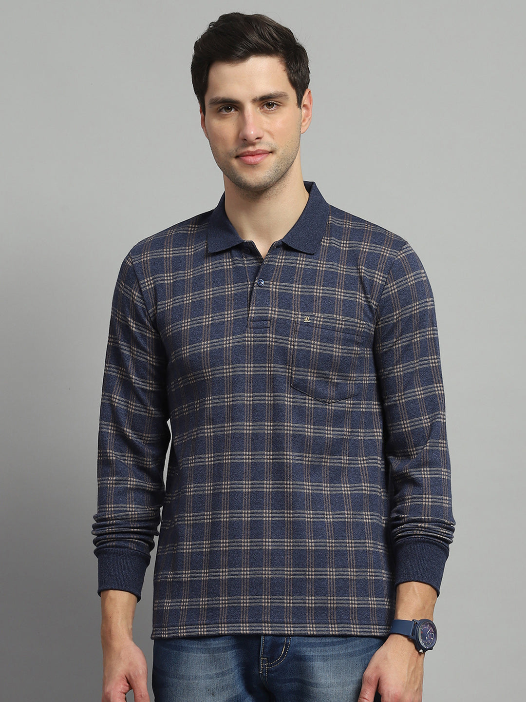 Luxuria Men Blue Check Collar Full Sleeve Winter T-Shirt
