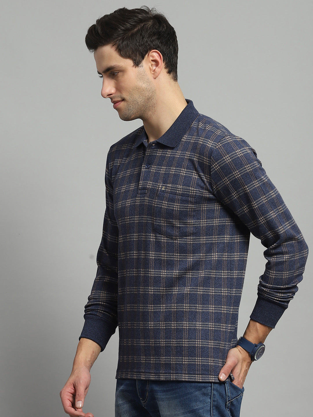 Luxuria Men Blue Check Collar Full Sleeve Winter T-Shirt