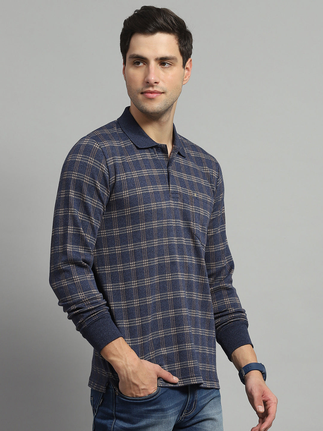 Luxuria Men Blue Check Collar Full Sleeve Winter T-Shirt