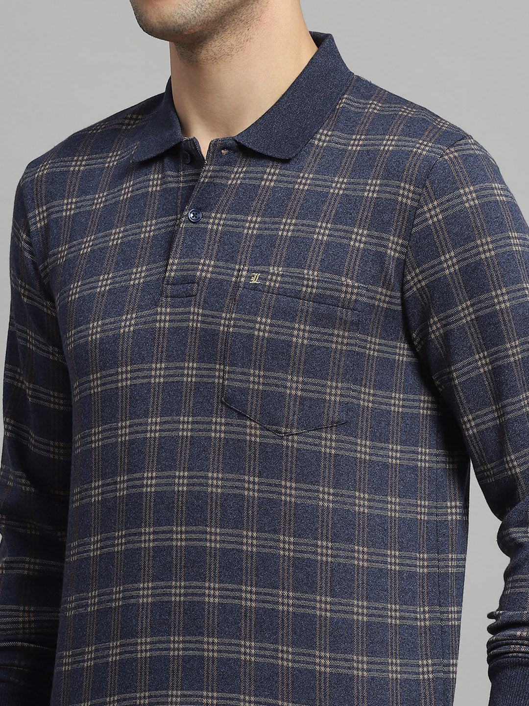 Luxuria Men Blue Check Collar Full Sleeve Winter T-Shirt