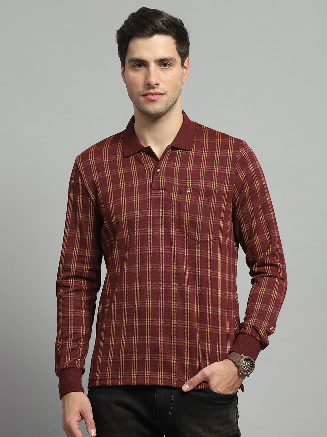 Luxuria Men Rust Check Collar Full Sleeve Winter T-Shirt