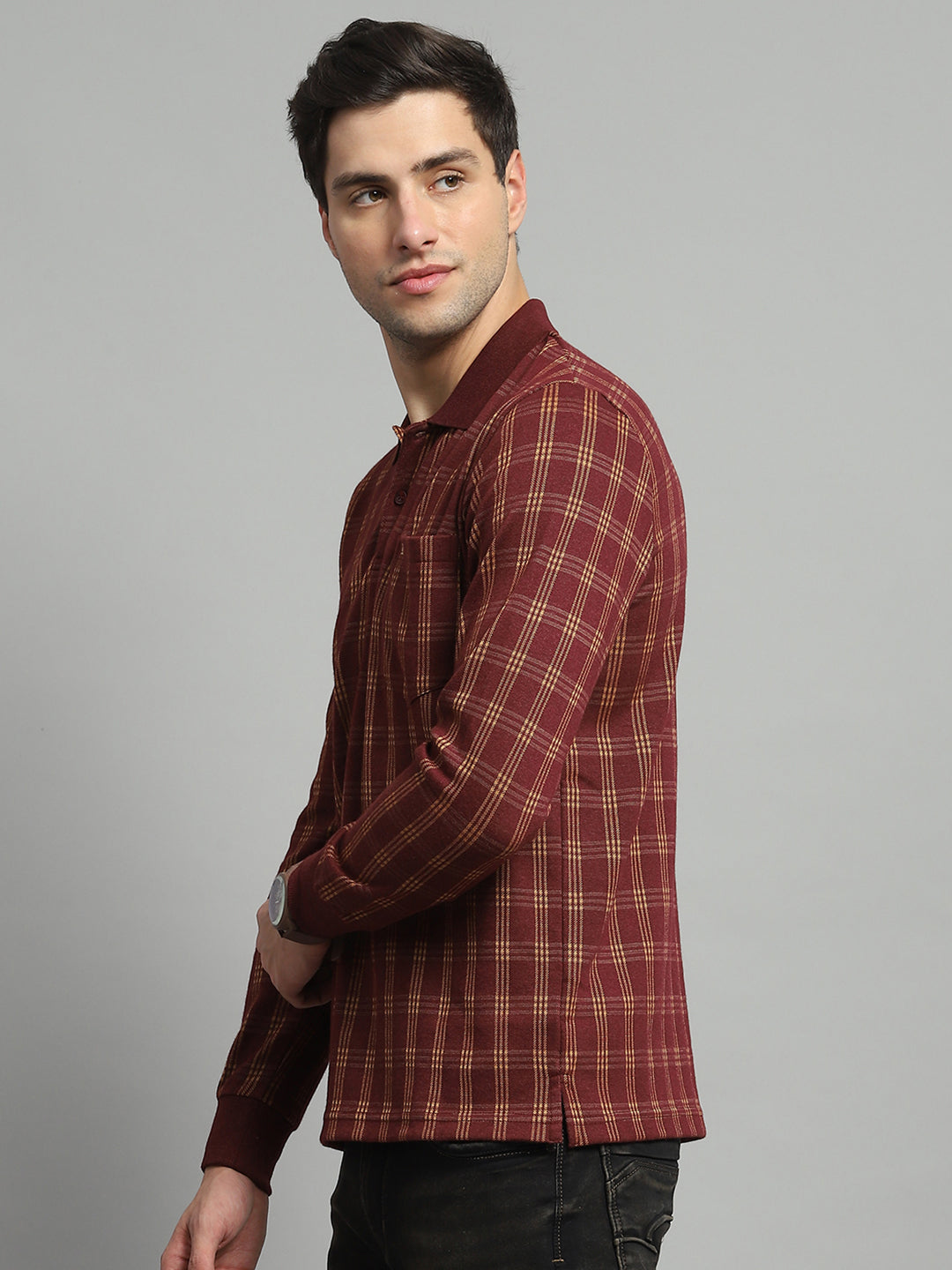 Luxuria Men Rust Check Collar Full Sleeve Winter T-Shirt