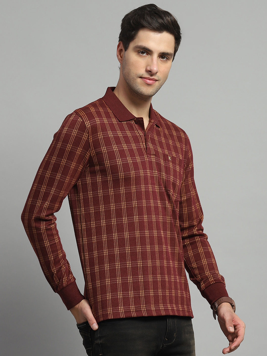 Luxuria Men Rust Check Collar Full Sleeve Winter T-Shirt