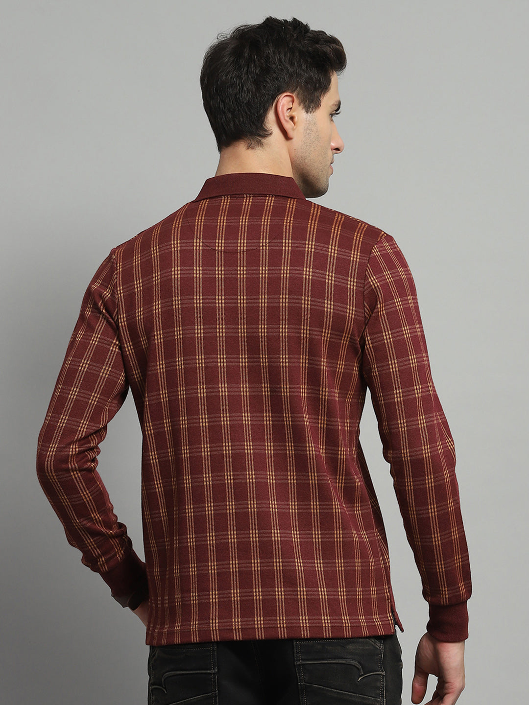 Luxuria Men Rust Check Collar Full Sleeve Winter T-Shirt