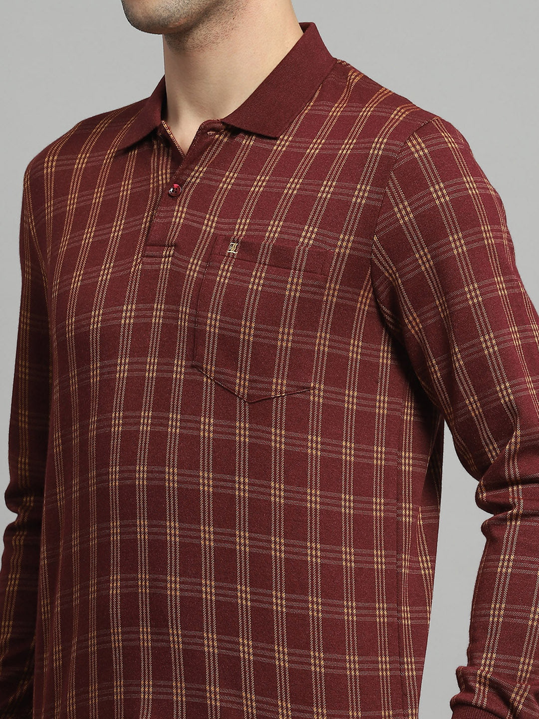Luxuria Men Rust Check Collar Full Sleeve Winter T-Shirt