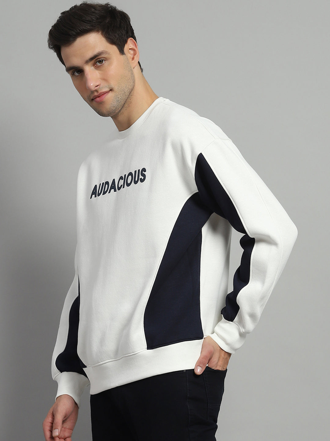Men White Printed Round Neck Full Sleeve Sweatshirt