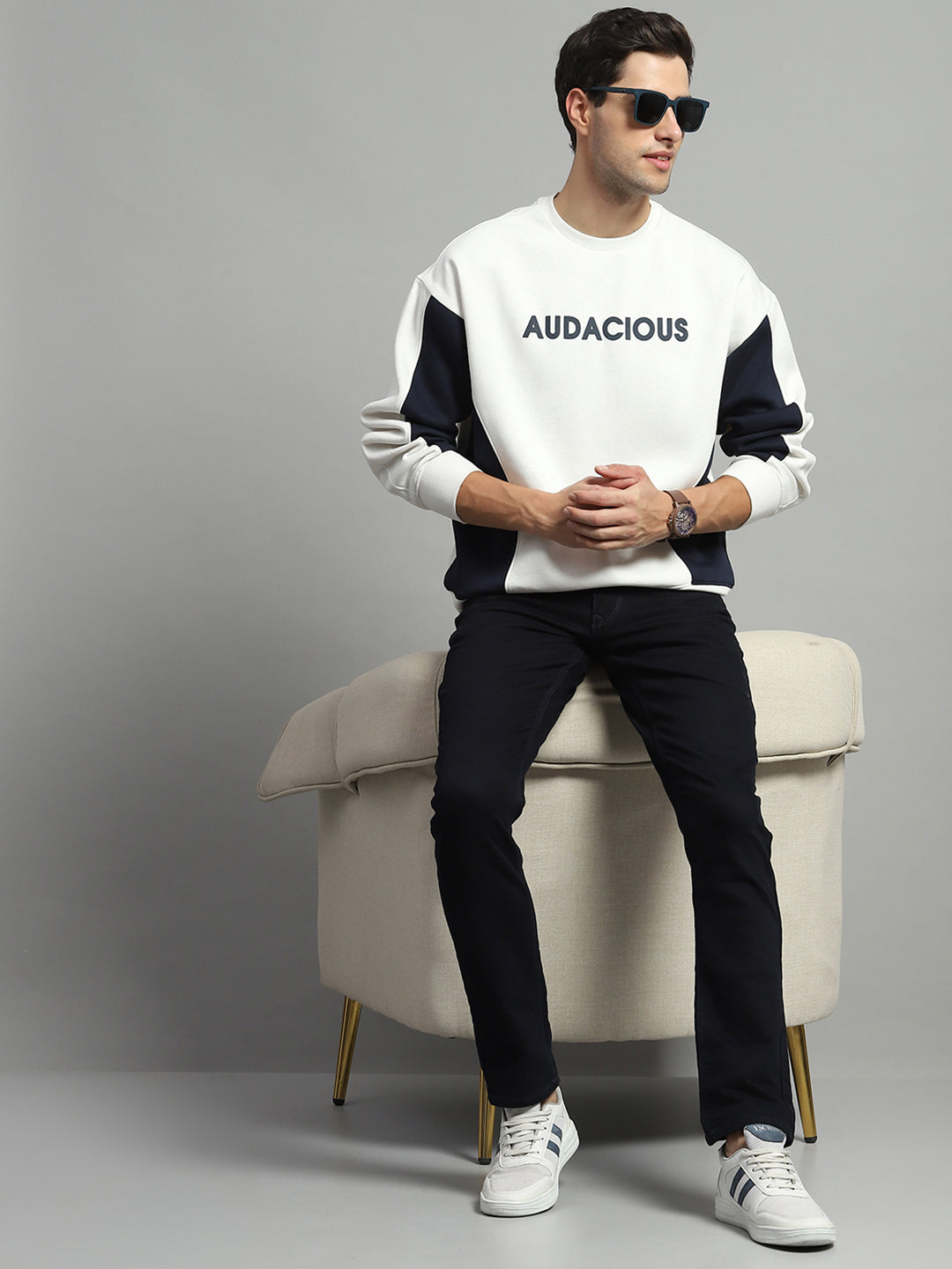 Men White Printed Round Neck Full Sleeve Sweatshirt