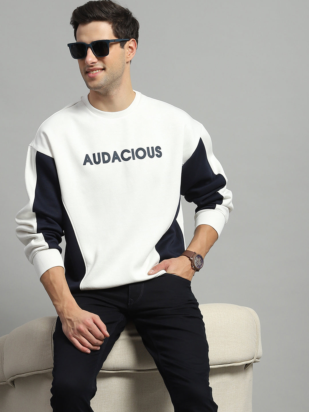 Men White Printed Round Neck Full Sleeve Sweatshirt