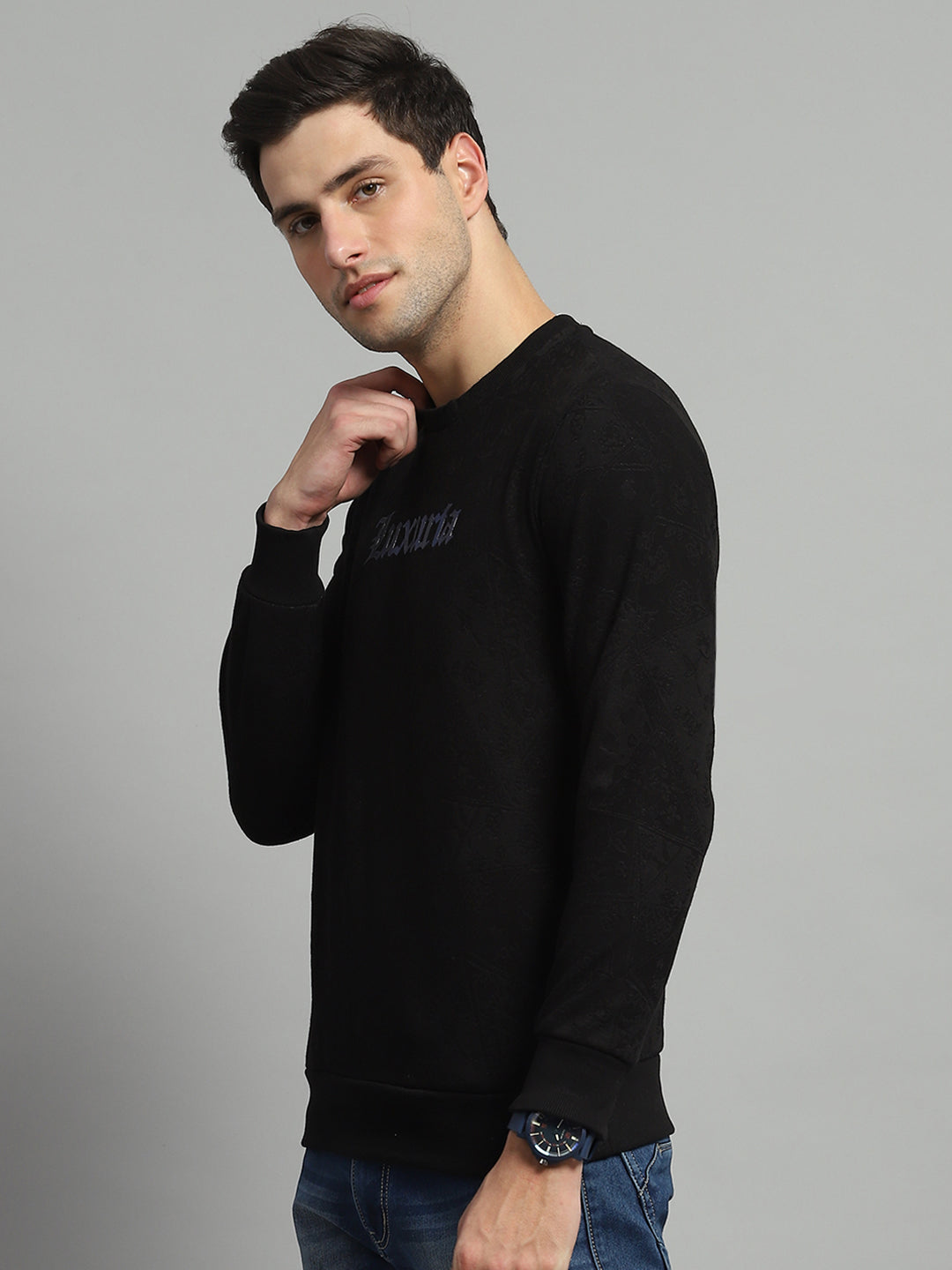 Men Black Printed Round Neck Full Sleeve Sweatshirt