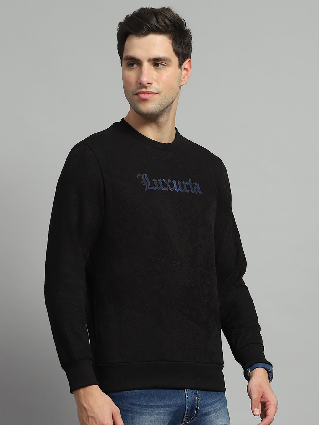 Men Black Printed Round Neck Full Sleeve Sweatshirt