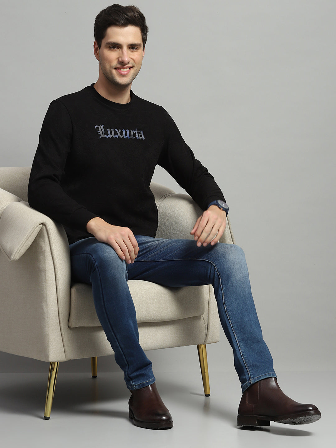 Men Black Printed Round Neck Full Sleeve Sweatshirt