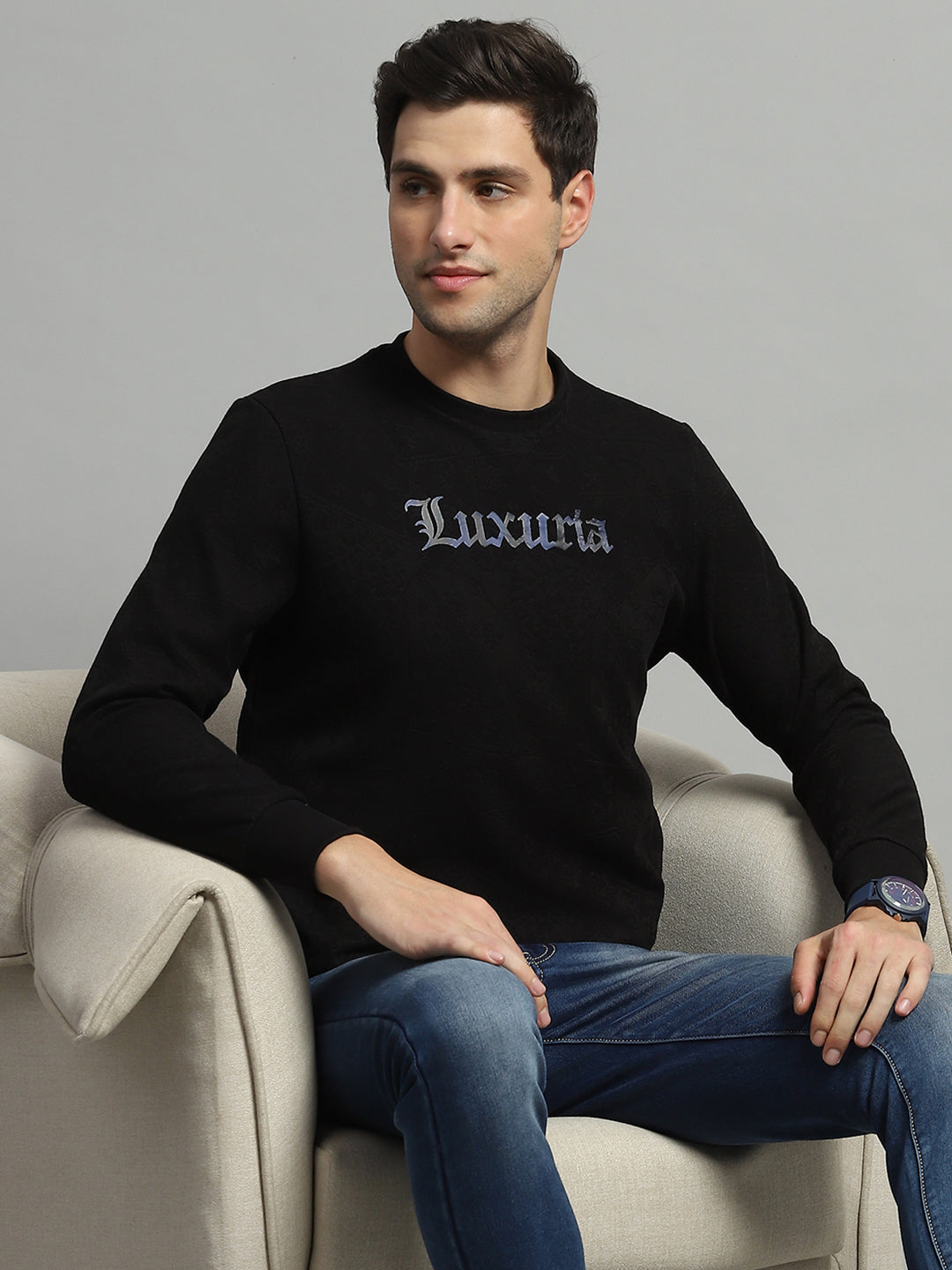 Men Black Printed Round Neck Full Sleeve Sweatshirt