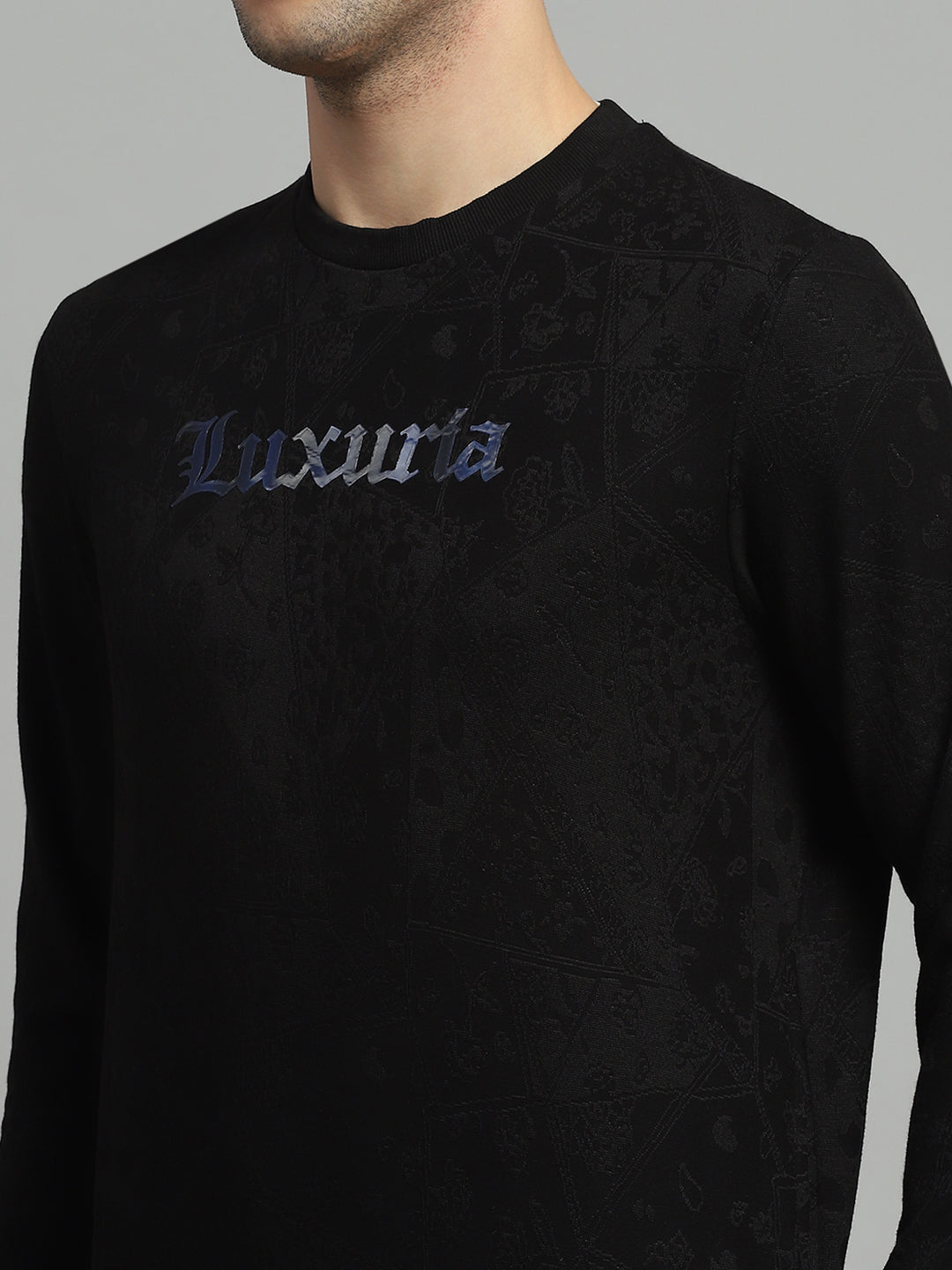 Men Black Printed Round Neck Full Sleeve Sweatshirt