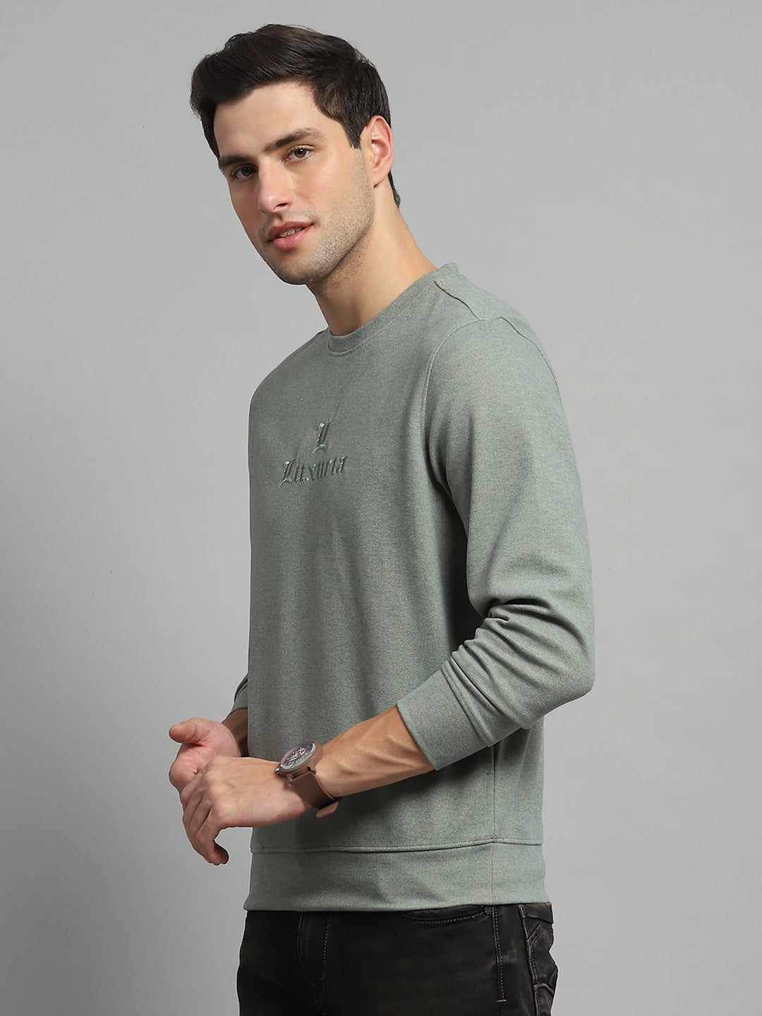 Men Olive Self Design Round Neck Full Sleeve Sweatshirt