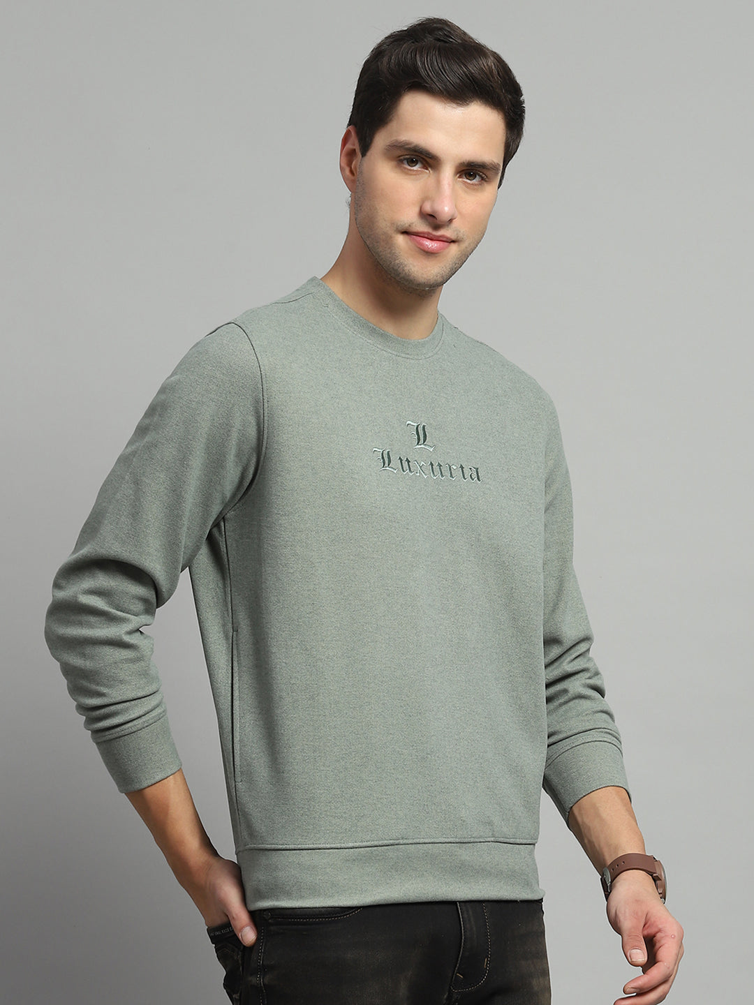 Men Olive Self Design Round Neck Full Sleeve Sweatshirt