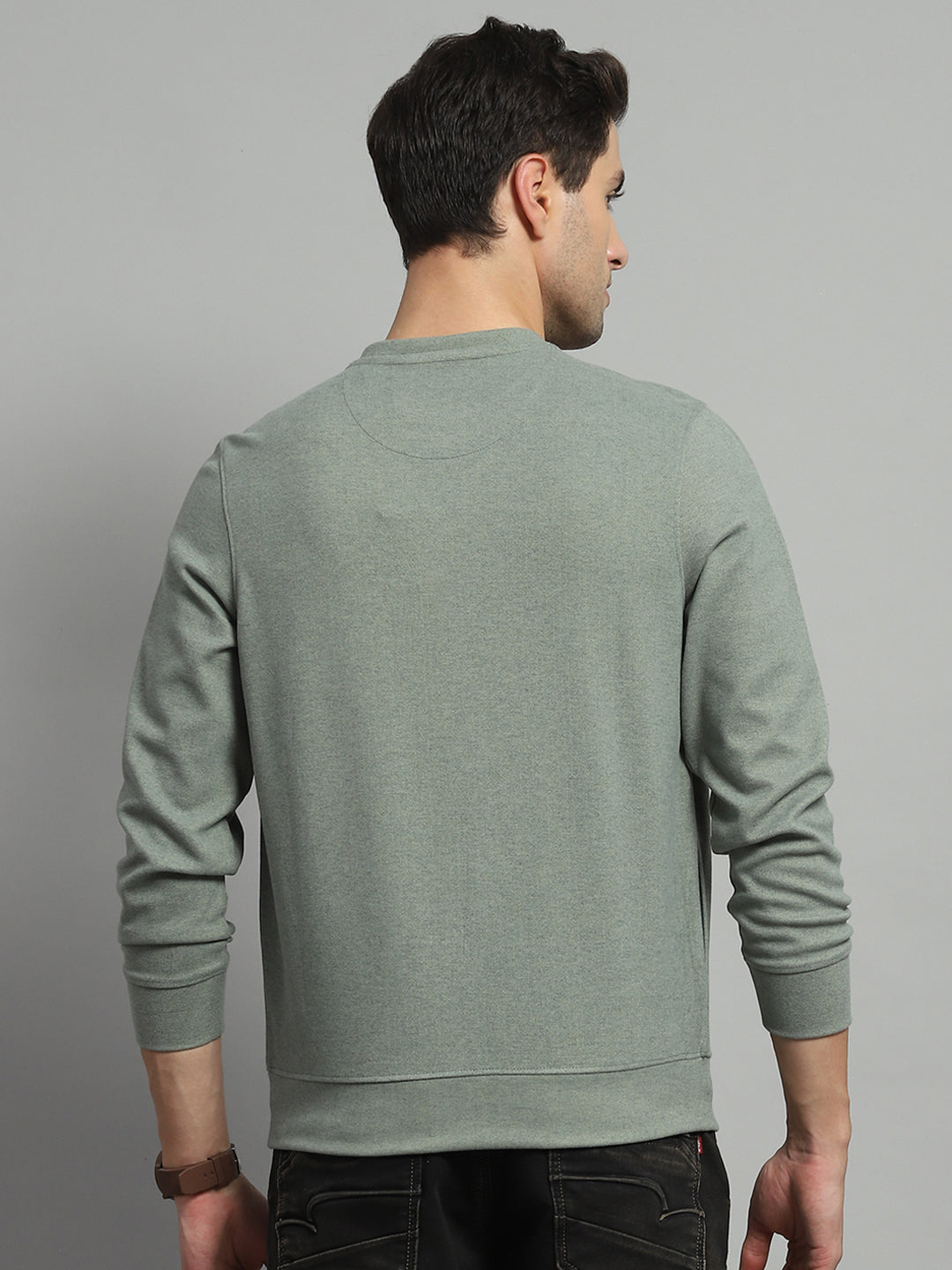 Men Olive Self Design Round Neck Full Sleeve Sweatshirt