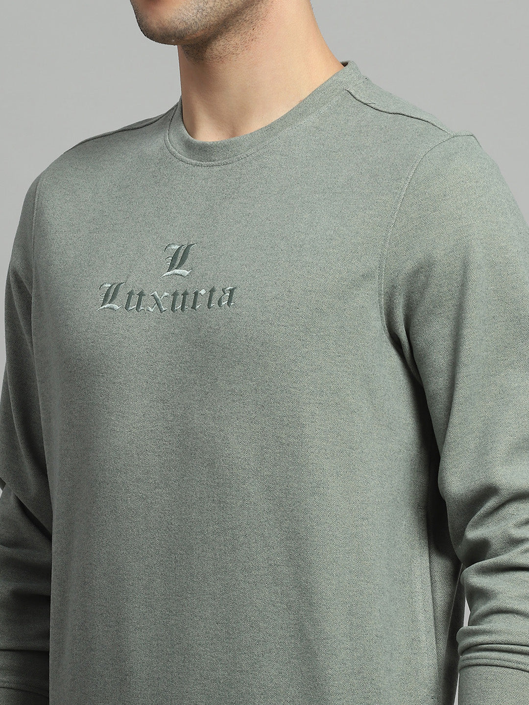 Men Olive Self Design Round Neck Full Sleeve Sweatshirt