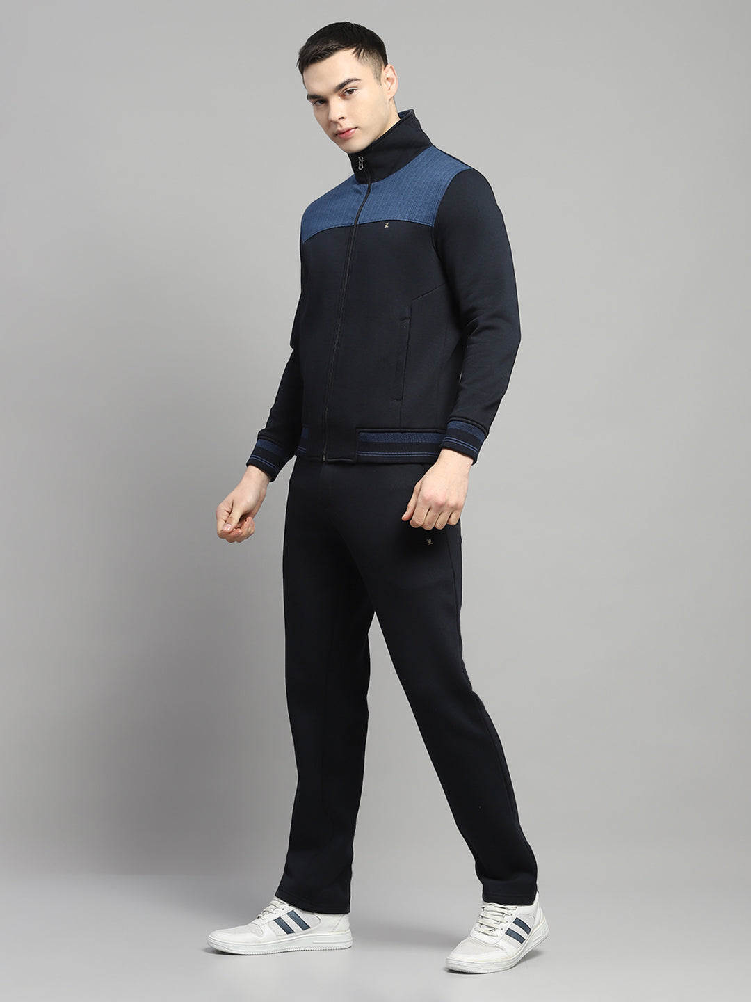 Men Navy Blue Self Design Collar Full Sleeve Winter Tracksuit