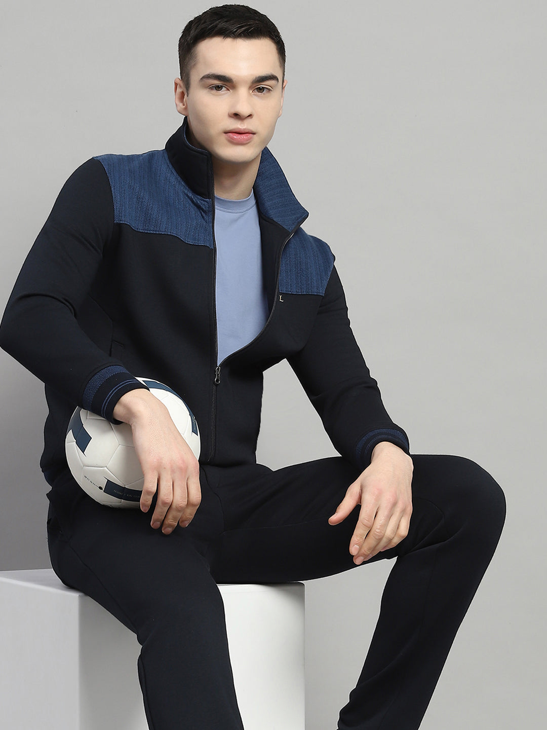 Men Navy Blue Self Design Collar Full Sleeve Winter Tracksuit