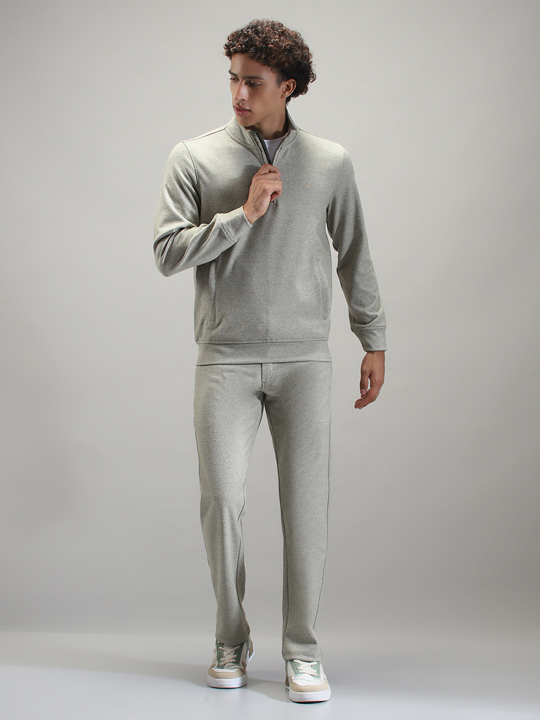 Men Grey Self Design Mock Neck Full Sleeve Winter Tracksuit