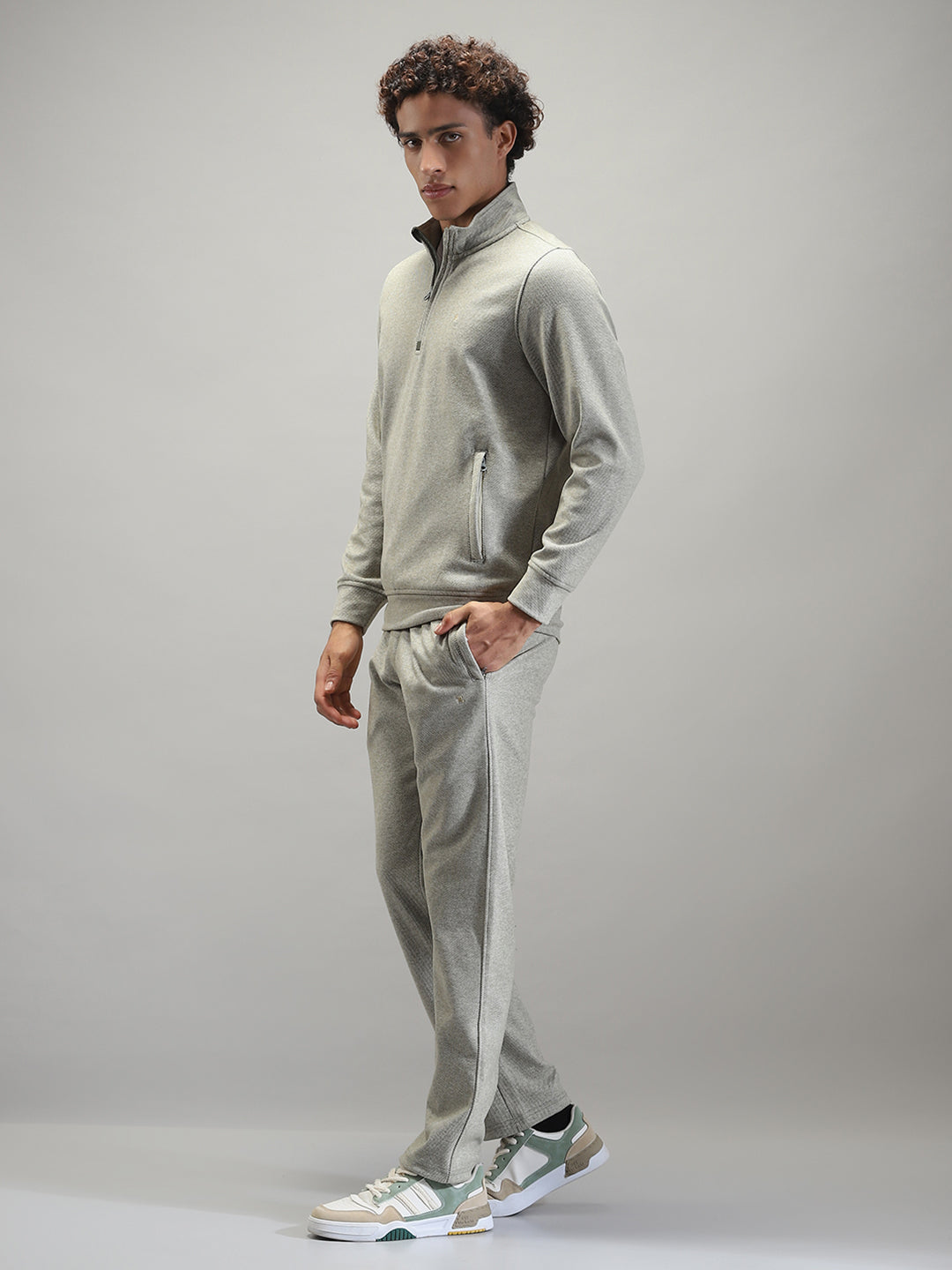 Men Grey Self Design Mock Neck Full Sleeve Winter Tracksuit