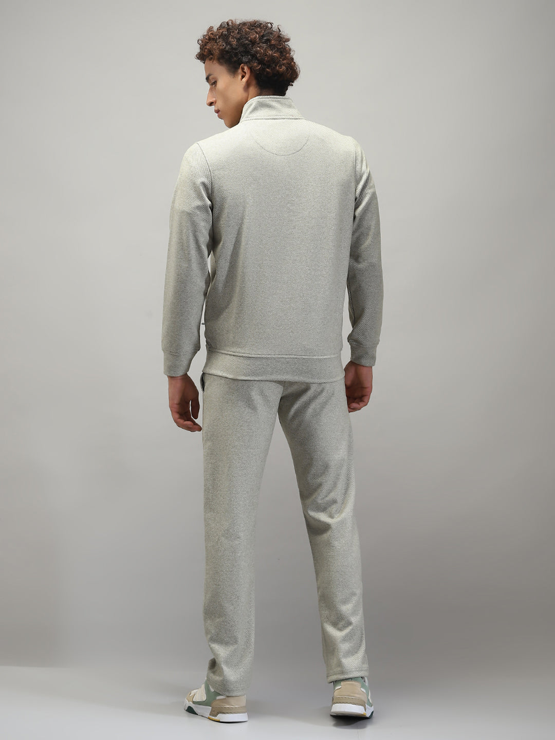 Men Grey Self Design Mock Neck Full Sleeve Winter Tracksuit