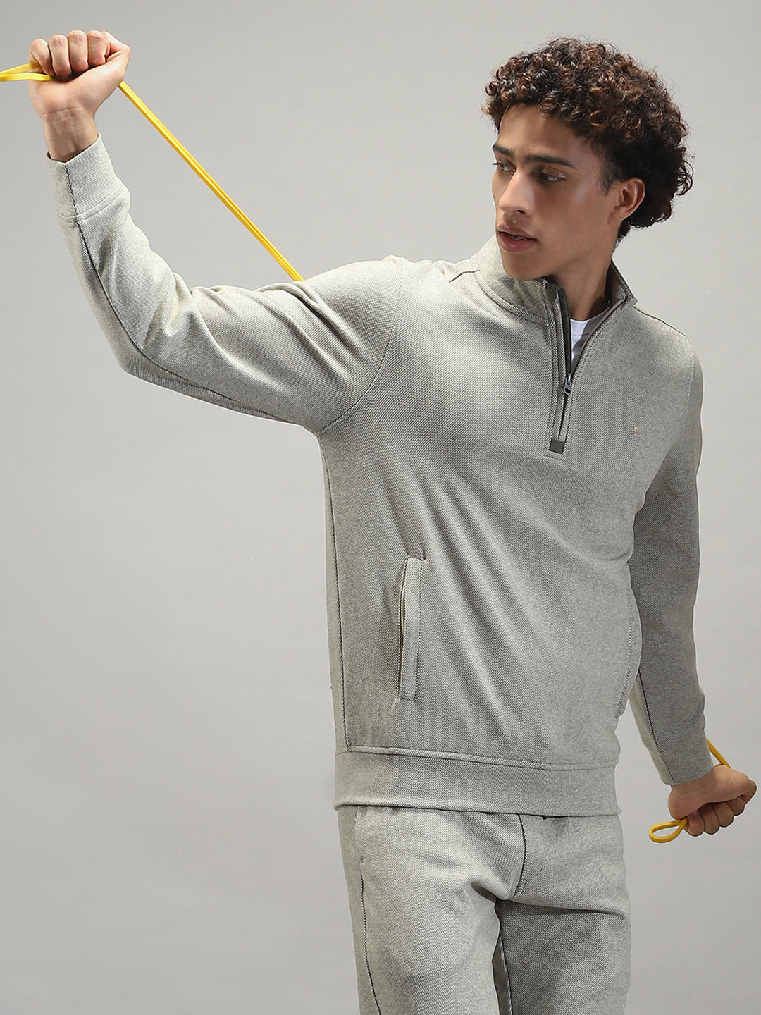 Men Grey Self Design Mock Neck Full Sleeve Winter Tracksuit