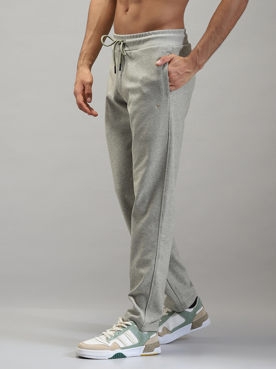 Men Grey Self Design Mock Neck Full Sleeve Winter Tracksuit