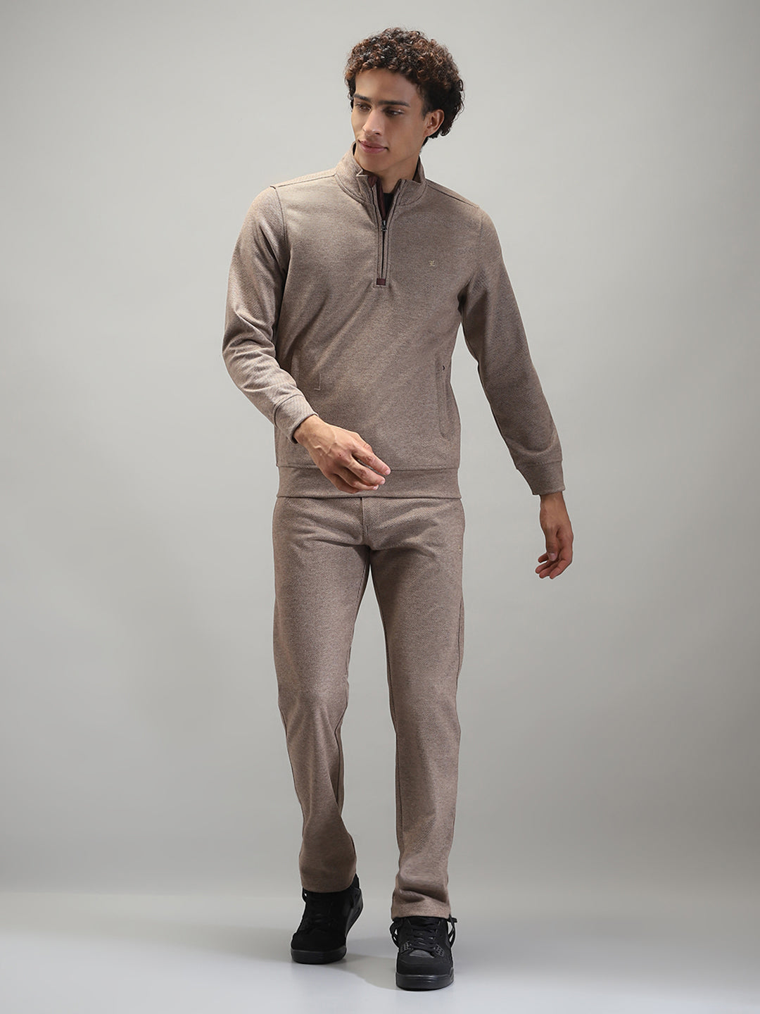 Men Brown Self Design Mock Neck Full Sleeve Winter Tracksuit