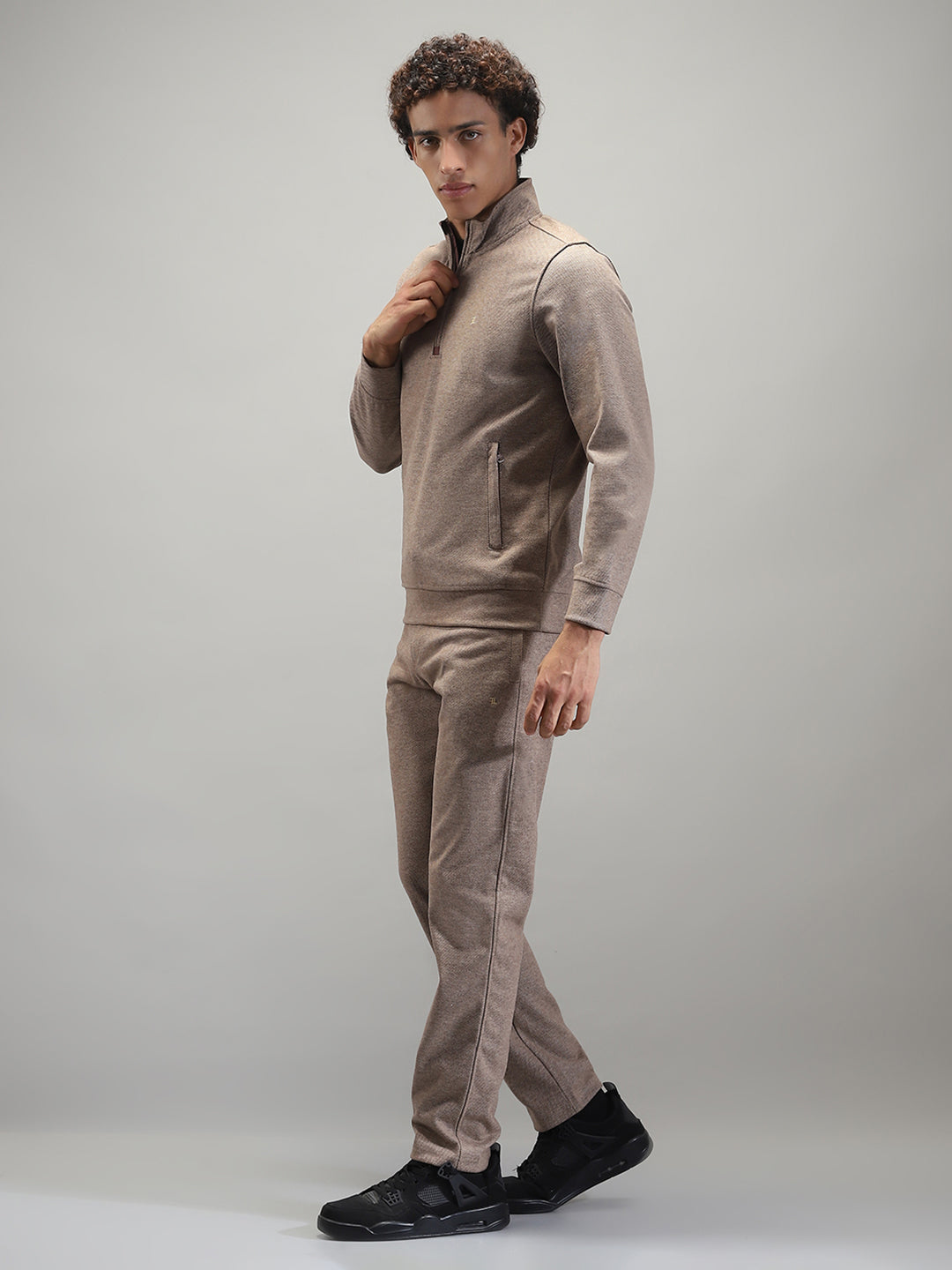 Men Brown Self Design Mock Neck Full Sleeve Winter Tracksuit