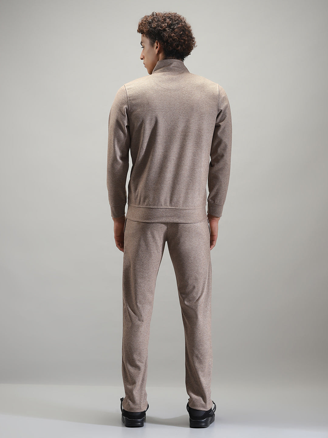 Men Brown Self Design Mock Neck Full Sleeve Winter Tracksuit