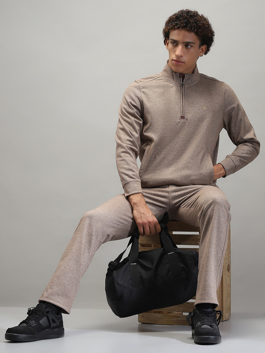 Men Brown Self Design Mock Neck Full Sleeve Winter Tracksuit