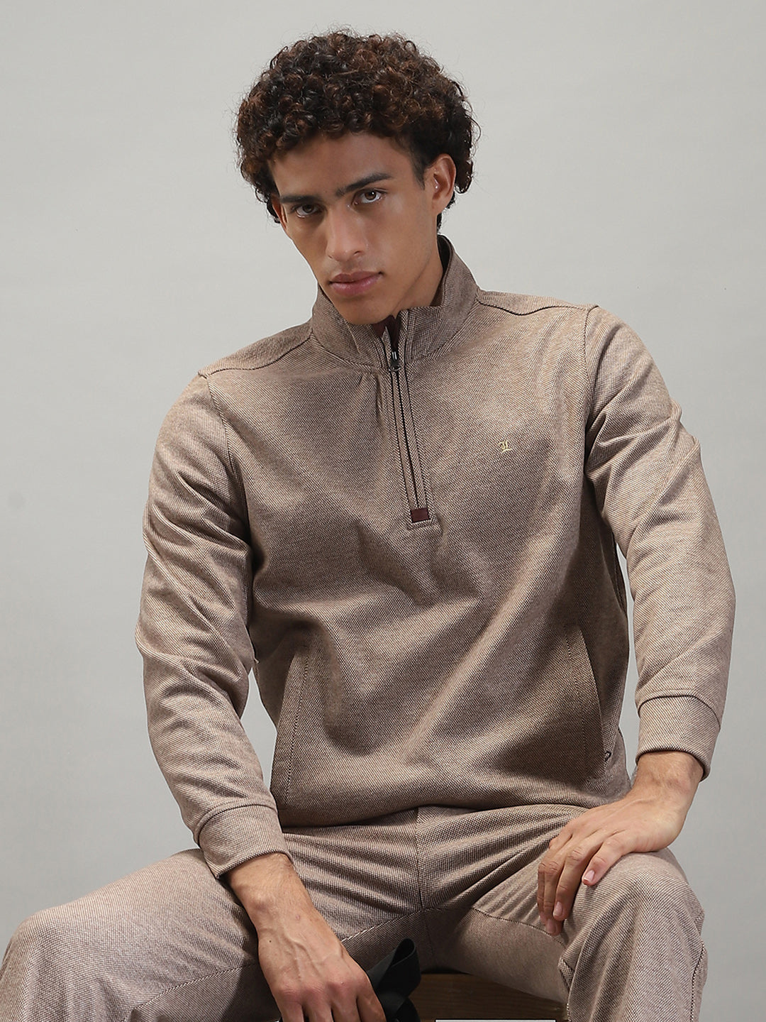 Men Brown Self Design Mock Neck Full Sleeve Winter Tracksuit