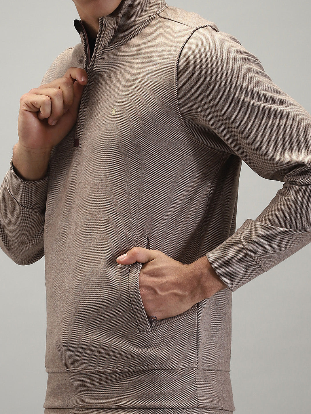 Men Brown Self Design Mock Neck Full Sleeve Winter Tracksuit