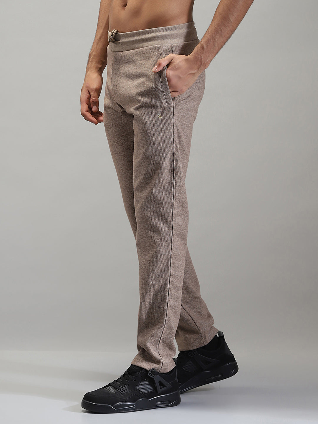 Men Brown Self Design Mock Neck Full Sleeve Winter Tracksuit