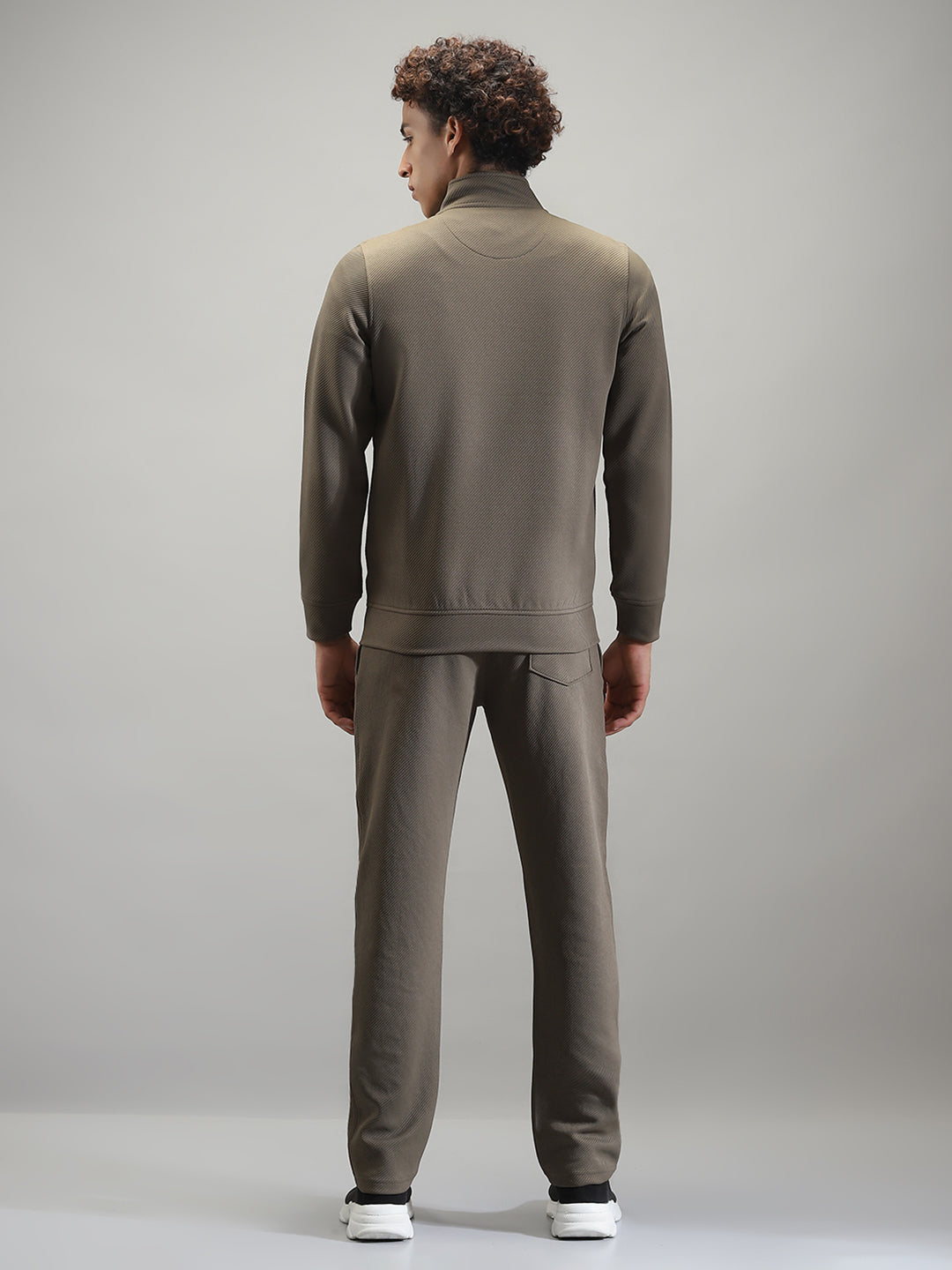 Men Olive Solid Mock Neck Full Sleeve Winter Tracksuit