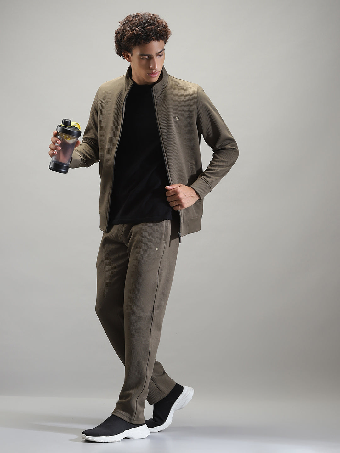 Men Olive Solid Mock Neck Full Sleeve Winter Tracksuit